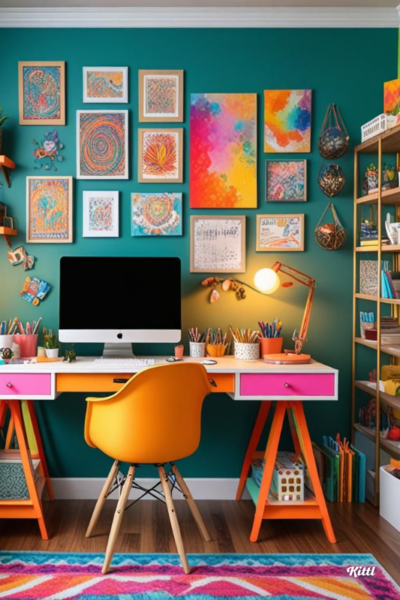 Sarah transformed a spare bedroom into a creative studio with an adjustable desk, ergonomic chair, and plenty of natural light. She personalized her space with artwork and a colourful rug, creating a vibrant and inspiring environment.