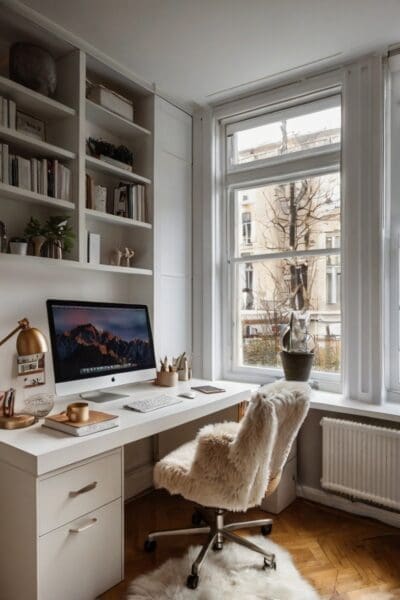 Opt for an all-white home office to create a bright and airy feel. White reflects light, making the space appear larger and more open