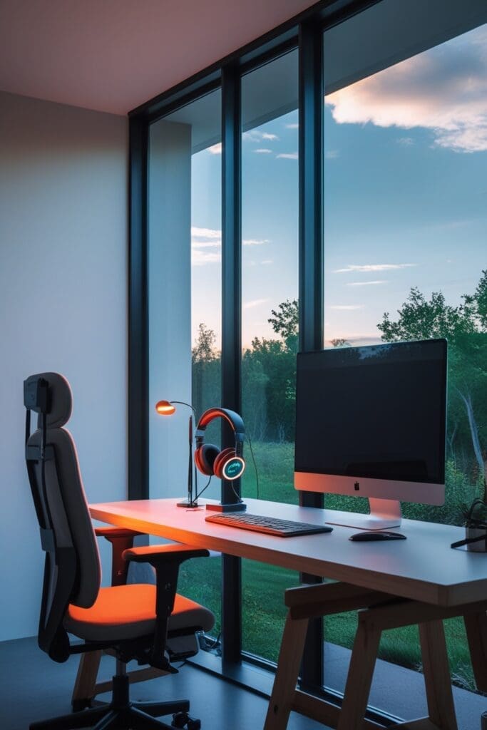 7 AI Tools to Improve Remote Work Productivity in 2025 Modern home office setup designed for using AI tools to improve remote work productivity, featuring dual monitors, ergonomic chair, and clean desk space