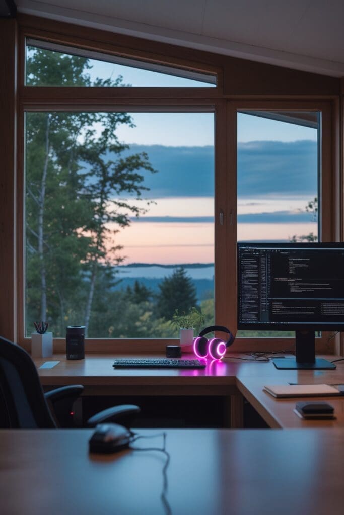 Home Office Must-Haves on Amazon - Single monitor home office desk setup with LED lighting and noise cancelling headphones